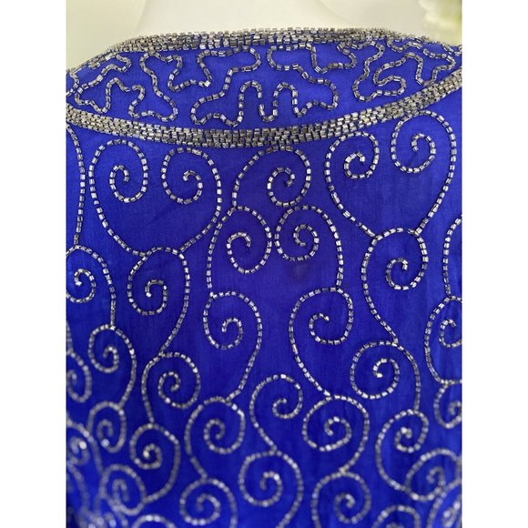 Vintage Silk Beaded Sequined Royal Blue and Silver Jacket Oversized Size XS GUC - Picture 8 of 12